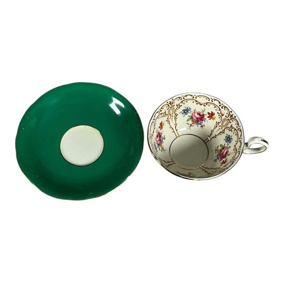 Vintage AYNSLEY Tea Cup & Saucer Set Bone China Vibrant Green Floral Bouquet - Picture 6 of 10